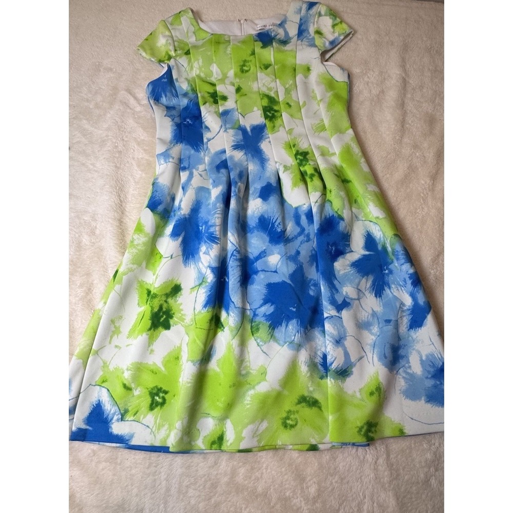 Sandra Darren Dress Size 12 Blue Green Floral Pleated Fit Flare Midi Dress